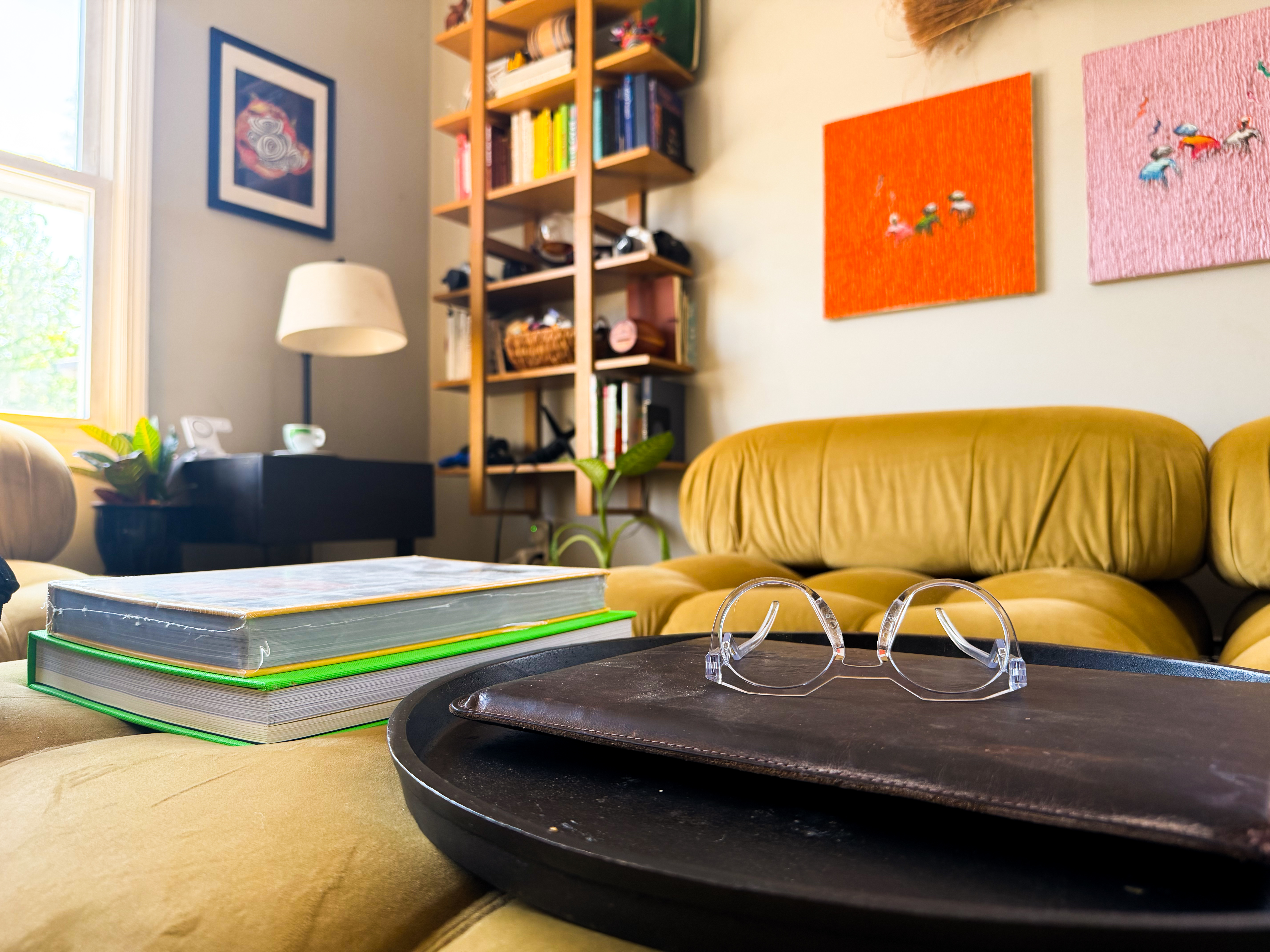 Living room detail: leather tray, reading glasses, and art books on the sofa